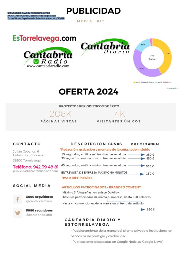 TARIFAS DE PUBLICIDAD 2024 PARA CANTABRIA RADIO, ESTORRELAVEGA Y CANTABRIA DIARIO. (C) MARCAS REGISTRADAS.