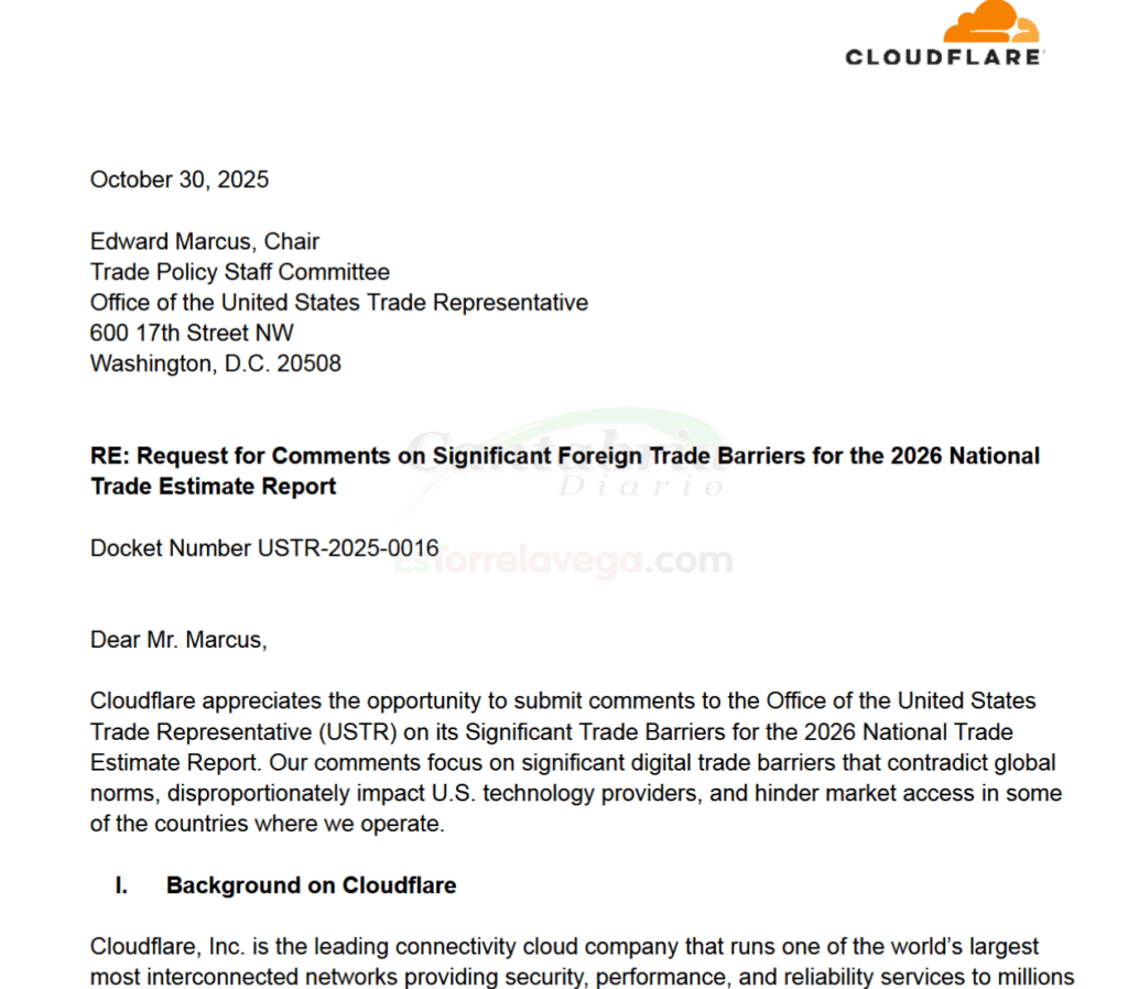 En la imagen la carta en la que CloudFlare explica los bloqueos en España, Italia y otros países - CloudFlare lleva a la administración Trump los bloqueos masivos de LALIGA