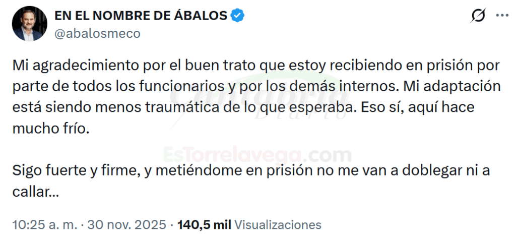 La cuenta de Twitter de Ábalos agradece el "buen trato" que recibe en prisión