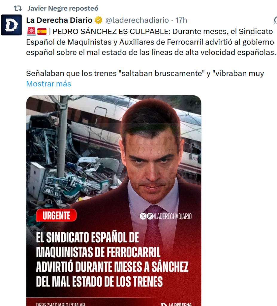 Falsa noticia con el título "Pedro Sánchez es culpable" del portal intoxicador "La derecha diario" difundido por el desinformador Javier Negre