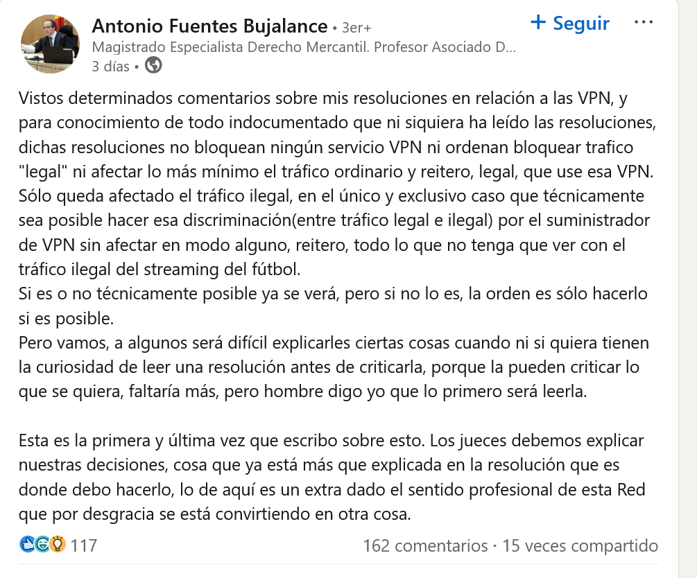 El juez español de las VPN la lía en LinkedIn: "si es o no técnicamente posible ya se verá" #LaLigaGate